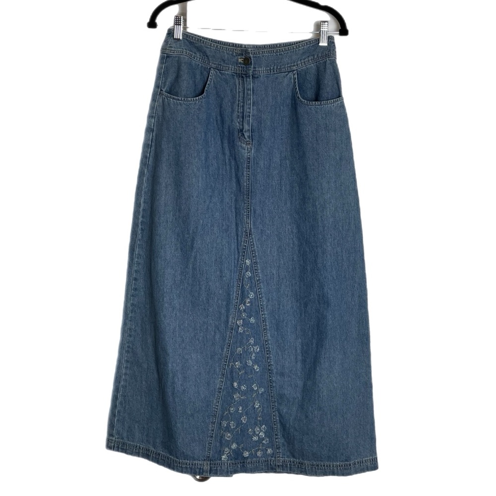 Vintage Floral Embroidered Denim Maxi Skirt sz 6
